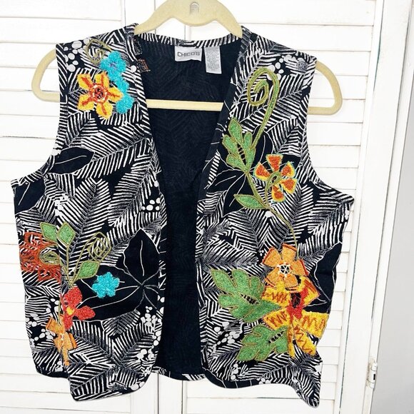 Chico’s Boho Black Art Embroidered Floral Open Vest Size 1/ US 8 Med - Picture 1 of 8
